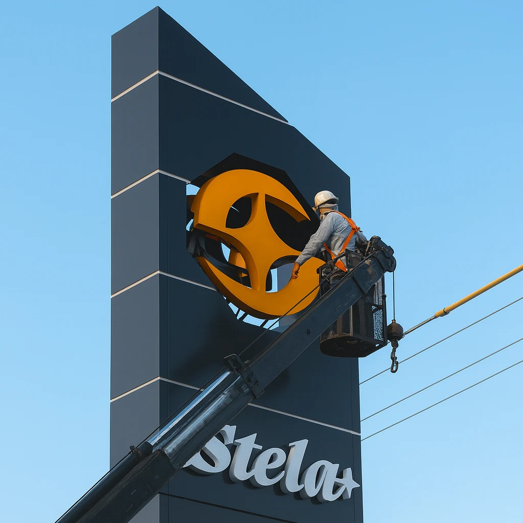 Instalación de elemento corporativo en Plaza Stella