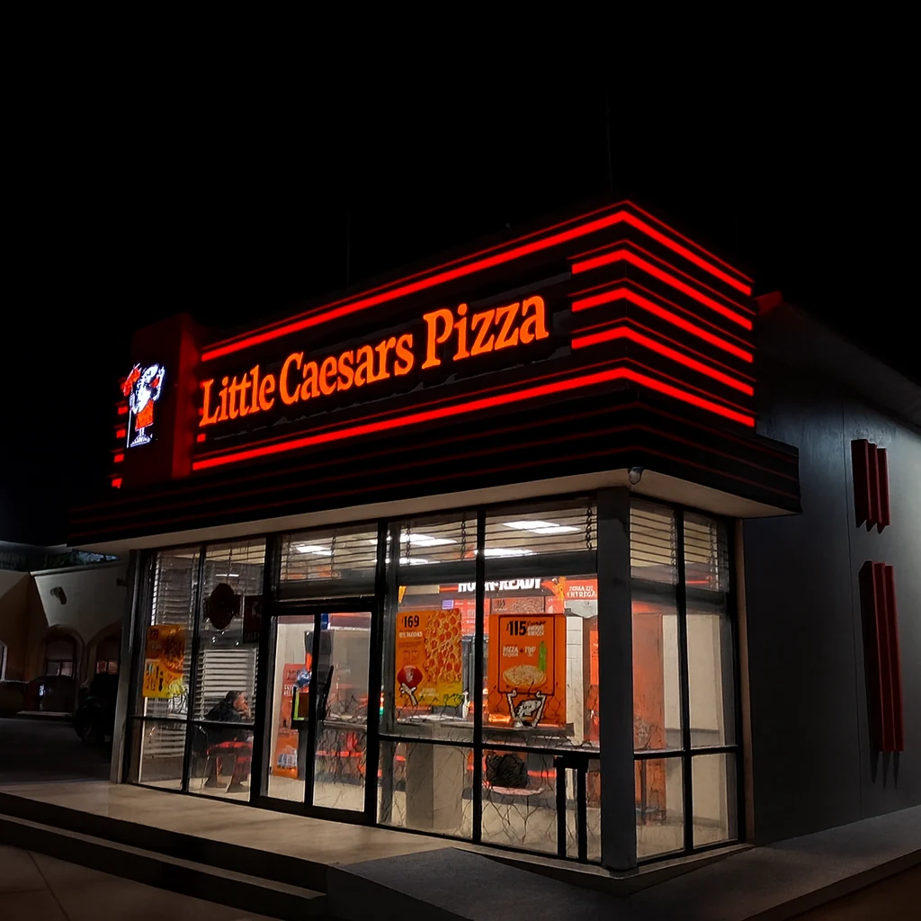 Fachada iluminada de Little Caesars